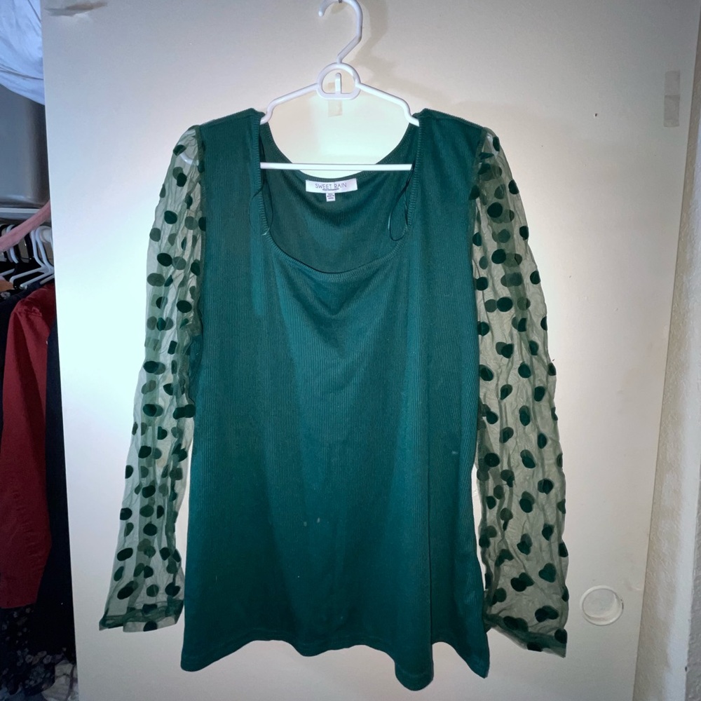 Green top with sheer dotted sleeves